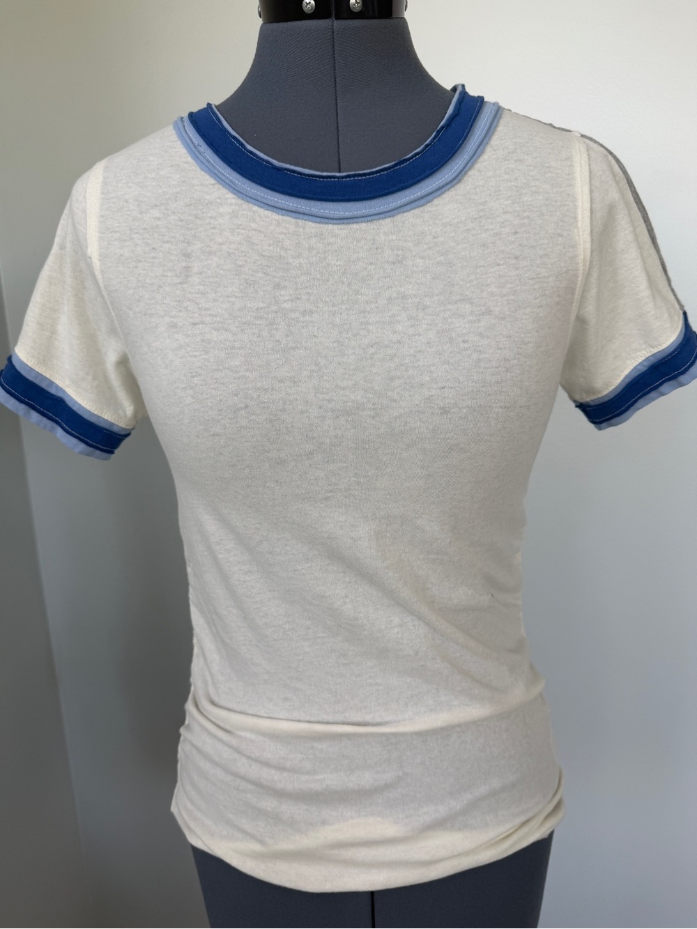Free People Sz Medium Sporty Cream Blue Trim Ruched Mix T-Shirt NWT $58
